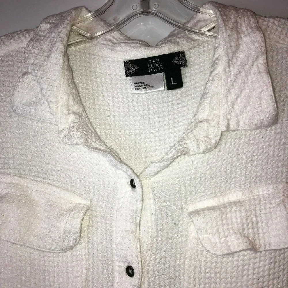 Tru Luxe Women's Large Button Up Shirt Collared Long Sleeve White Waffle Weave - Picture 11 of 13